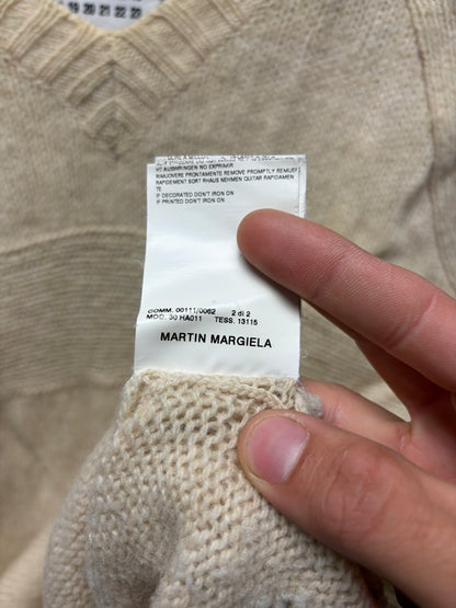 Maison Margiela Cream ‘Reconstructed’ V-Neck Wool Knit Sweater