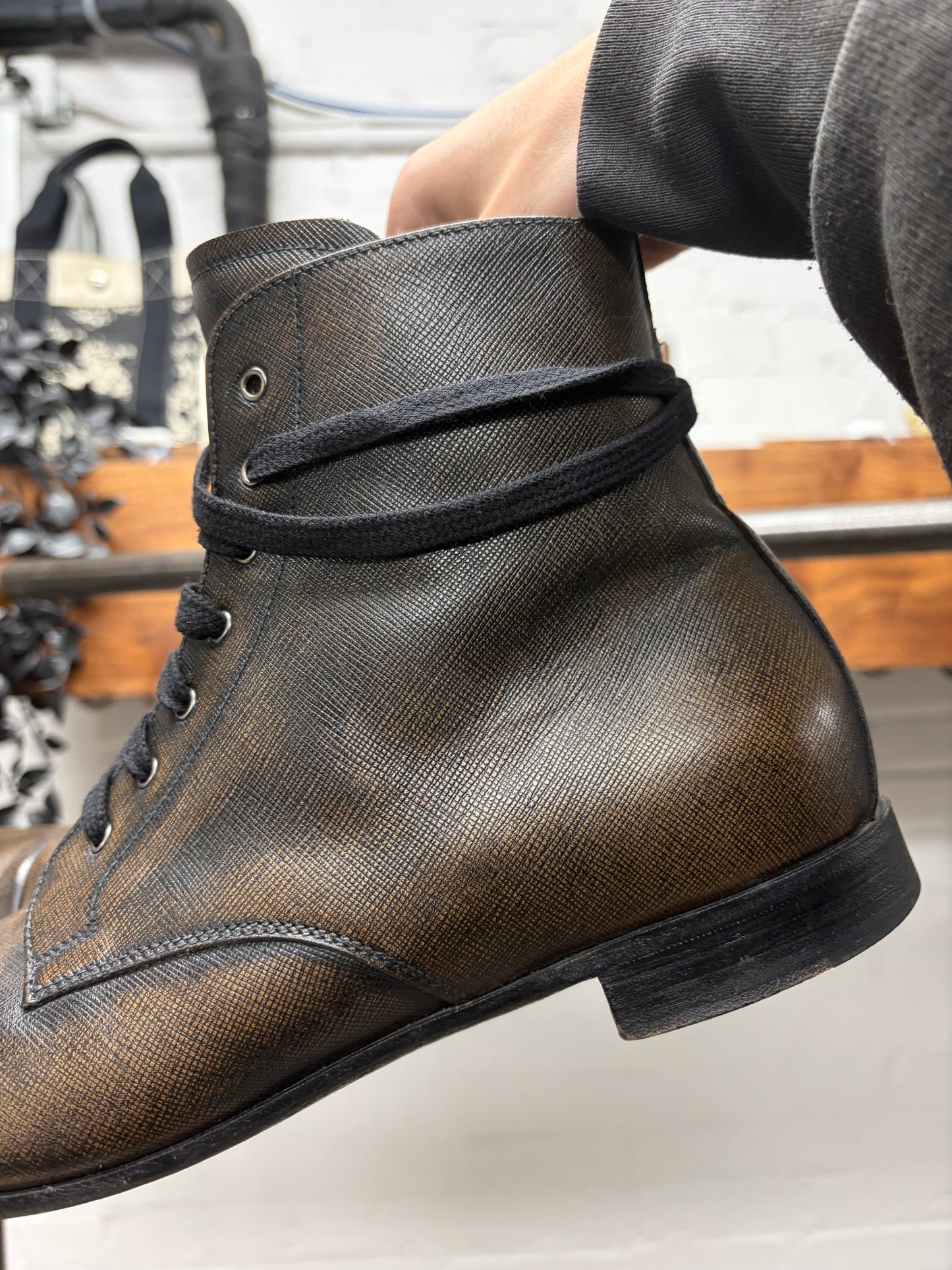 Prada Faded Brown Leather ‘Natural Patina’ Combat Boots