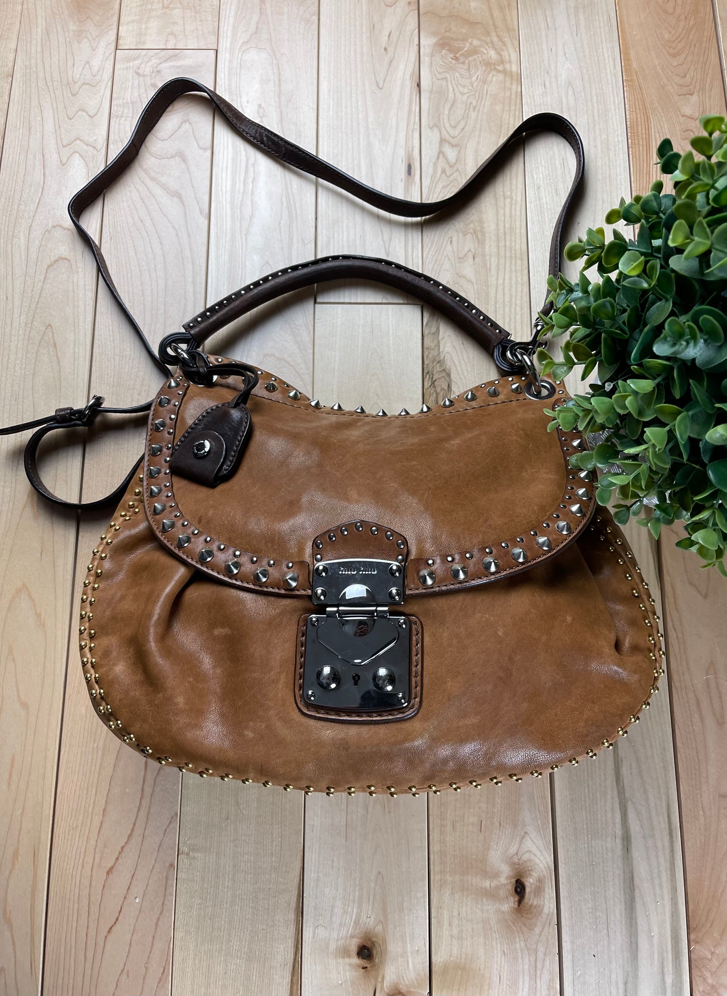 Miu Miu Studded Brown Leather Crossbody/Shoulder Bag