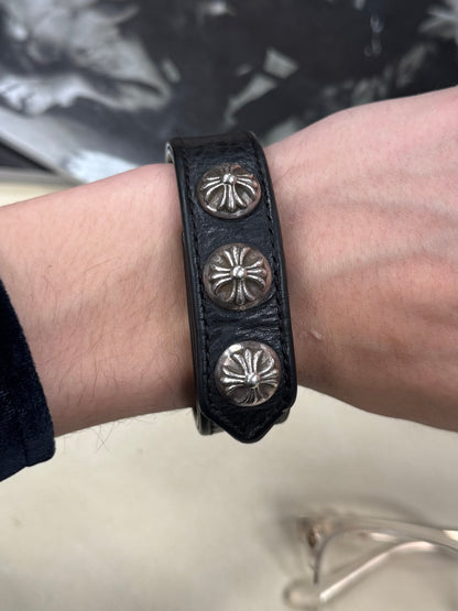 Chrome Hearts ‘Cross Ball’ Button Snap 925 Silver Leather Cuff Bracelet