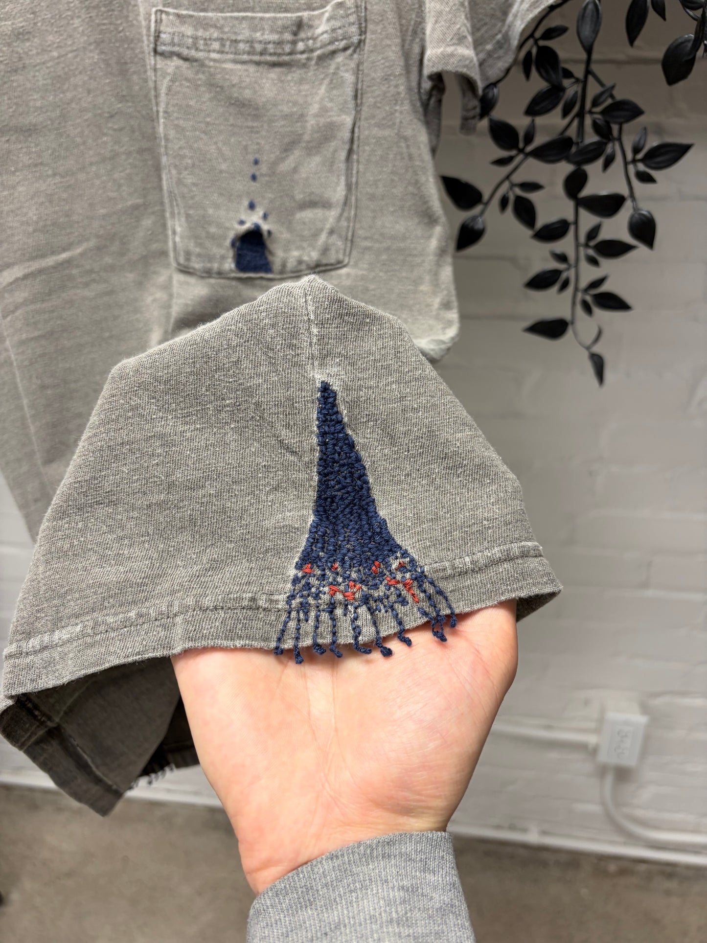 Kapital Stone Washed Grey Cotton V-Neck Shirt with Sashiko Repairs