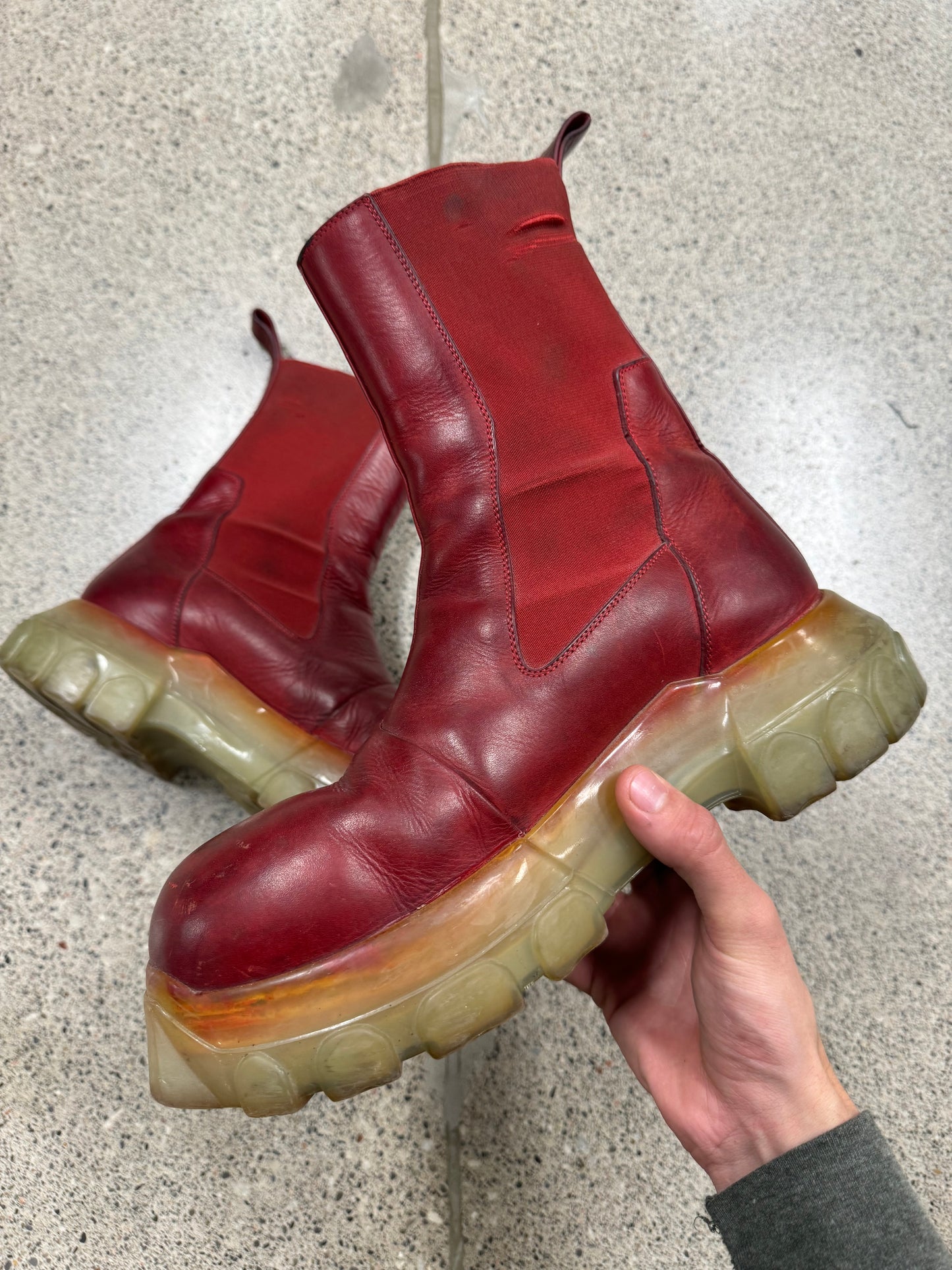 Rick Owens Beatle Bozo Red Leather Tractor Boots