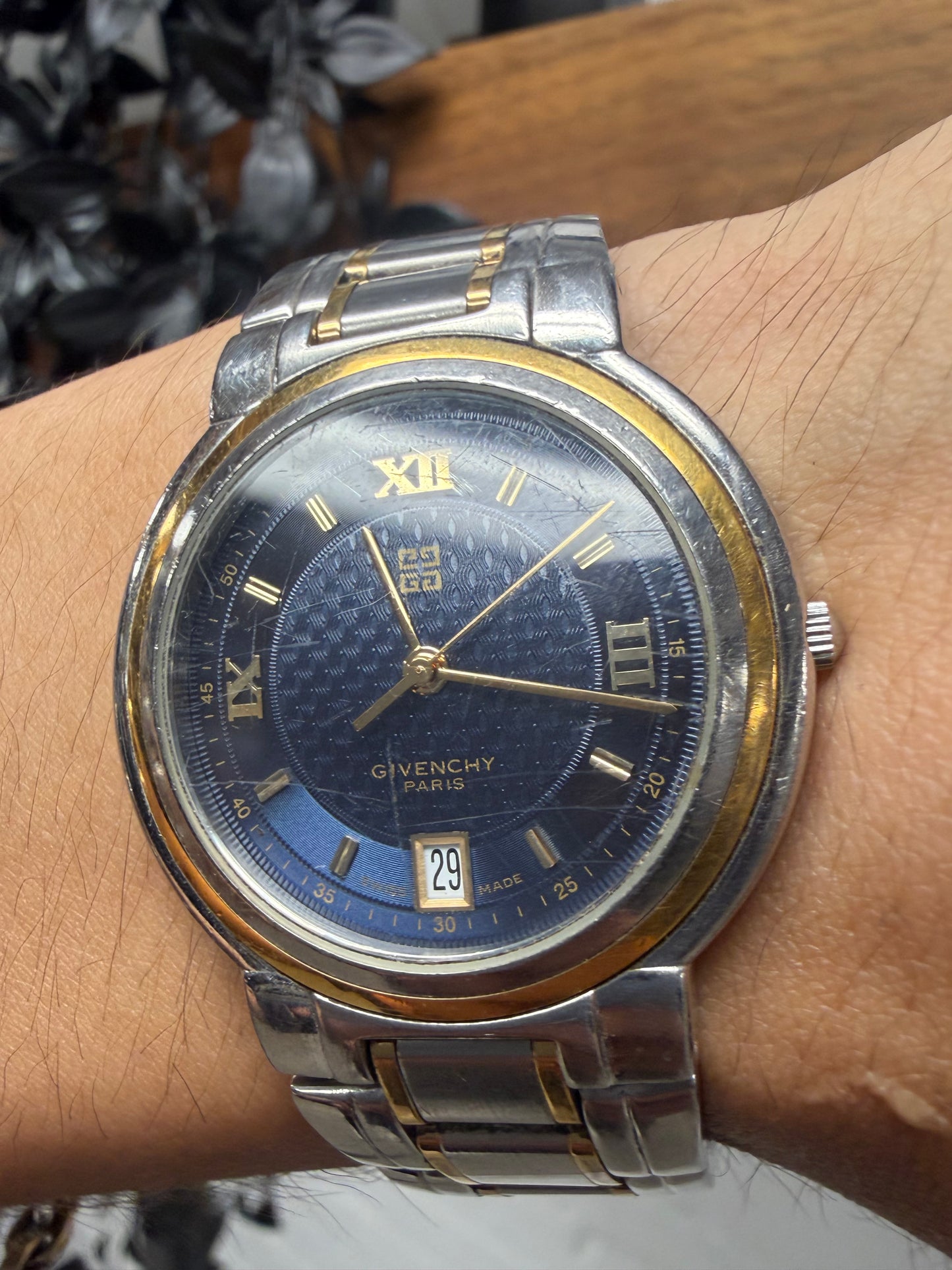 Vintage Givenchy Blue/Gold Dial Silver Analog Watch