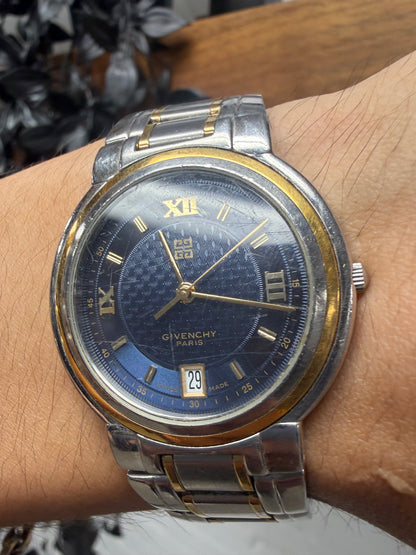 Vintage Givenchy Blue/Gold Dial Silver Analog Watch