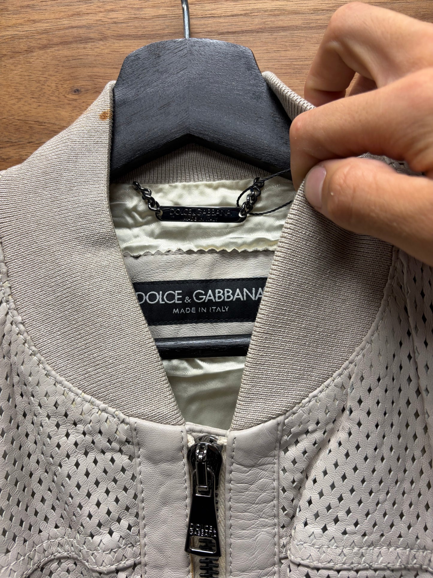 Dolce and Gabbana ‘Mainline’ Diamond Shape Perforated Cream Lambskin Leather Bomber Jacket