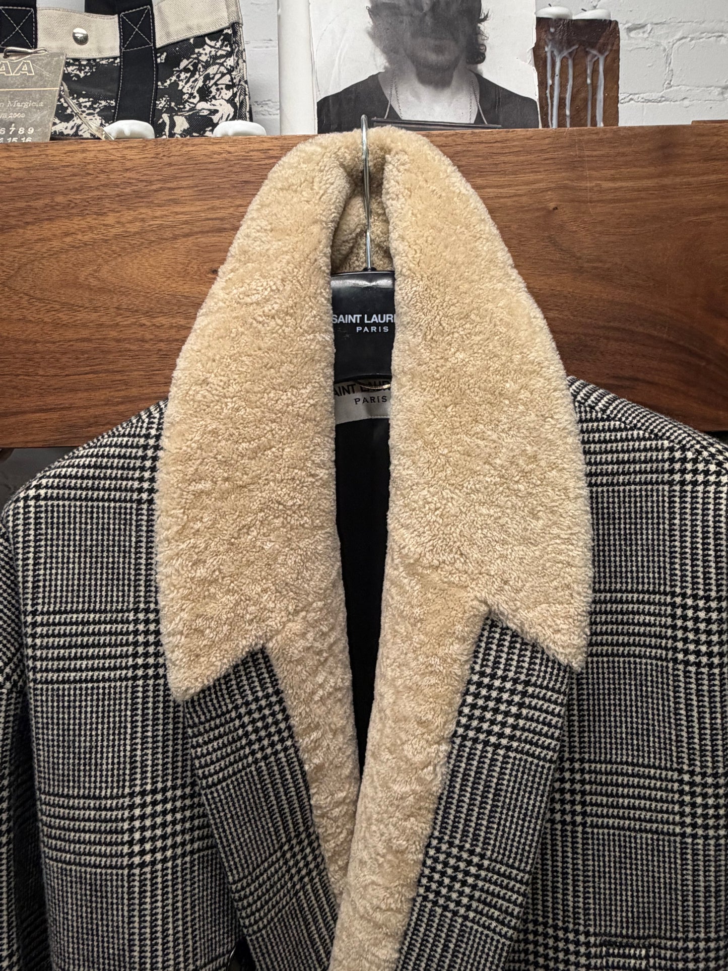 AW2019 Saint Laurent Houndstooth Cropped Coat with Shearling Trim Collar