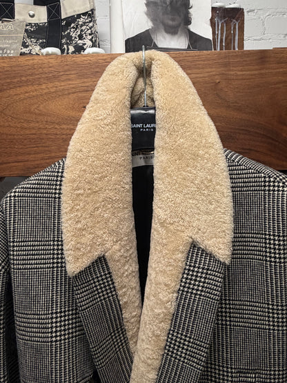 AW2019 Saint Laurent Houndstooth Cropped Coat with Shearling Trim Collar