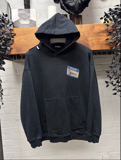 2020 Balenciaga ‘Nametag’ Distressed Black Pullover Hoodie