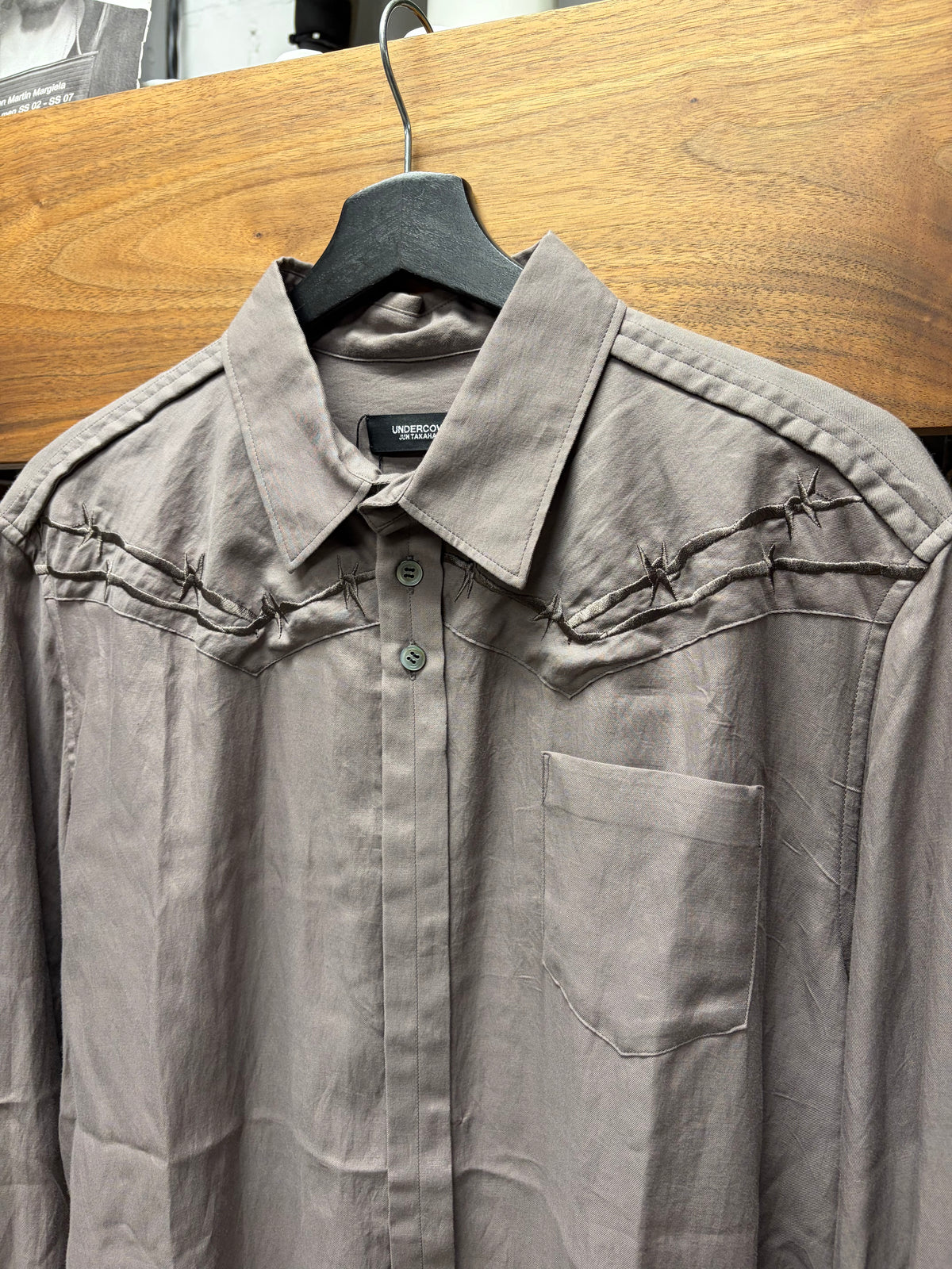 SS2021 Undercover ‘Barbed Wire’ Embroidered Shoulder Detail Button Up Shirt