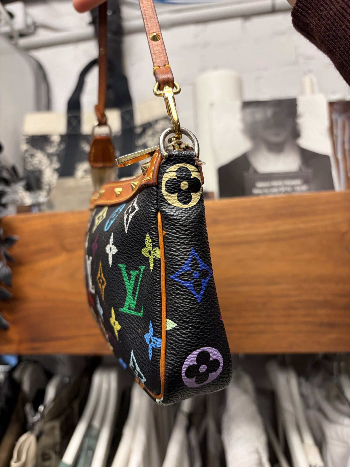 SS2003 Louis Vuitton x Takashi Murakami ‘Pochette’ Black Rainbow Monogram Leather Mini Shoulder Bag