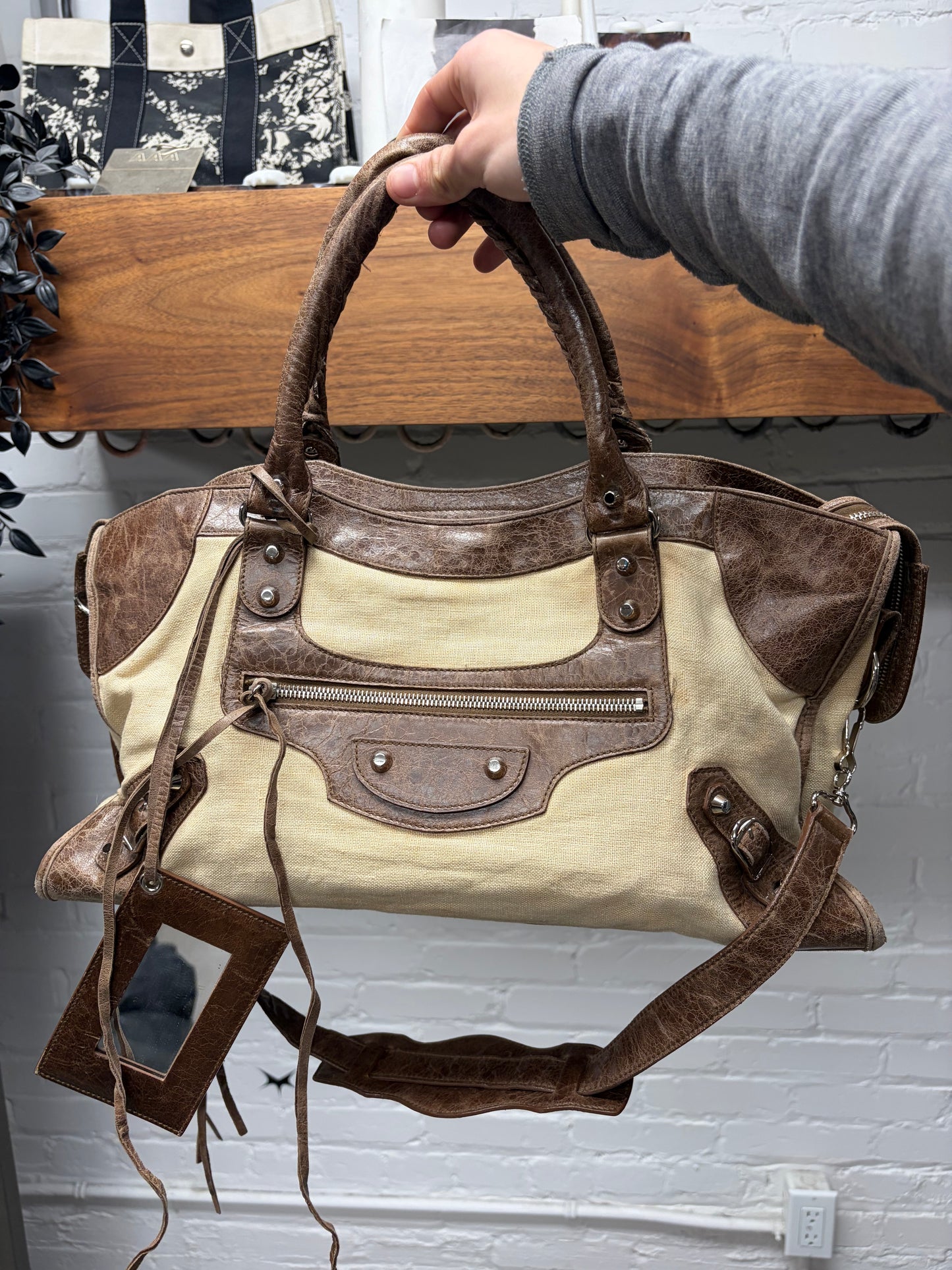 Balenciaga Brown Natural Linen/Leather ‘City Bag’ With Crossbody Strap