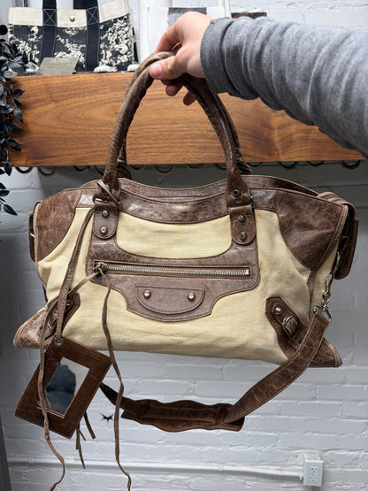Balenciaga Brown Natural Linen/Leather ‘City Bag’ With Crossbody Strap