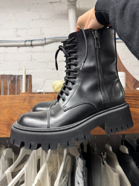 Balenciaga ‘Tractor’ Black Leather High Top Combat Boots