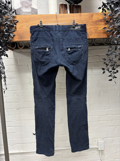 Balmain Indigo Blue Corduroy Biker Skinny Jeans