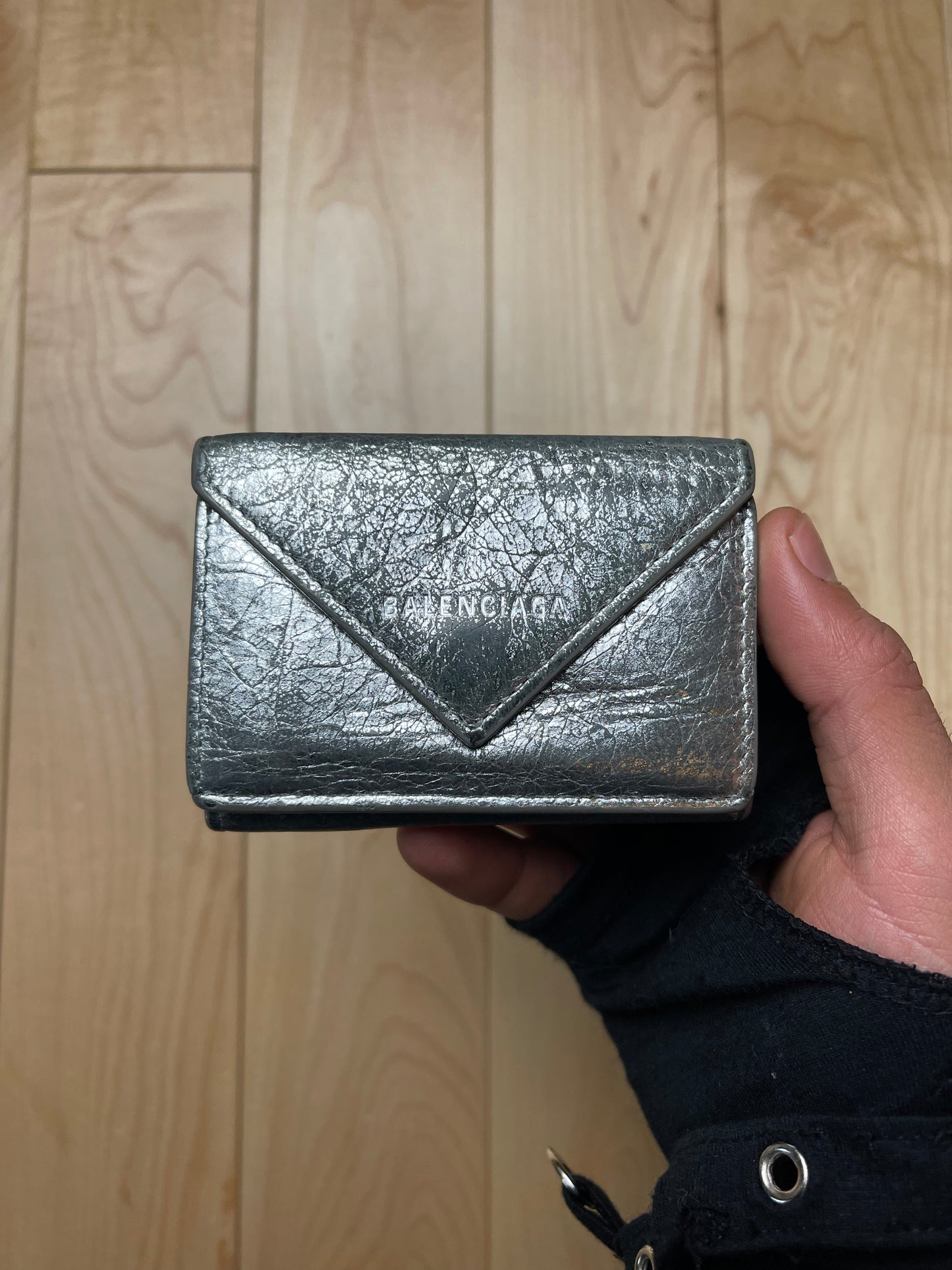 Balenciaga Trifold Papier Brushed Silver Compact Wallet