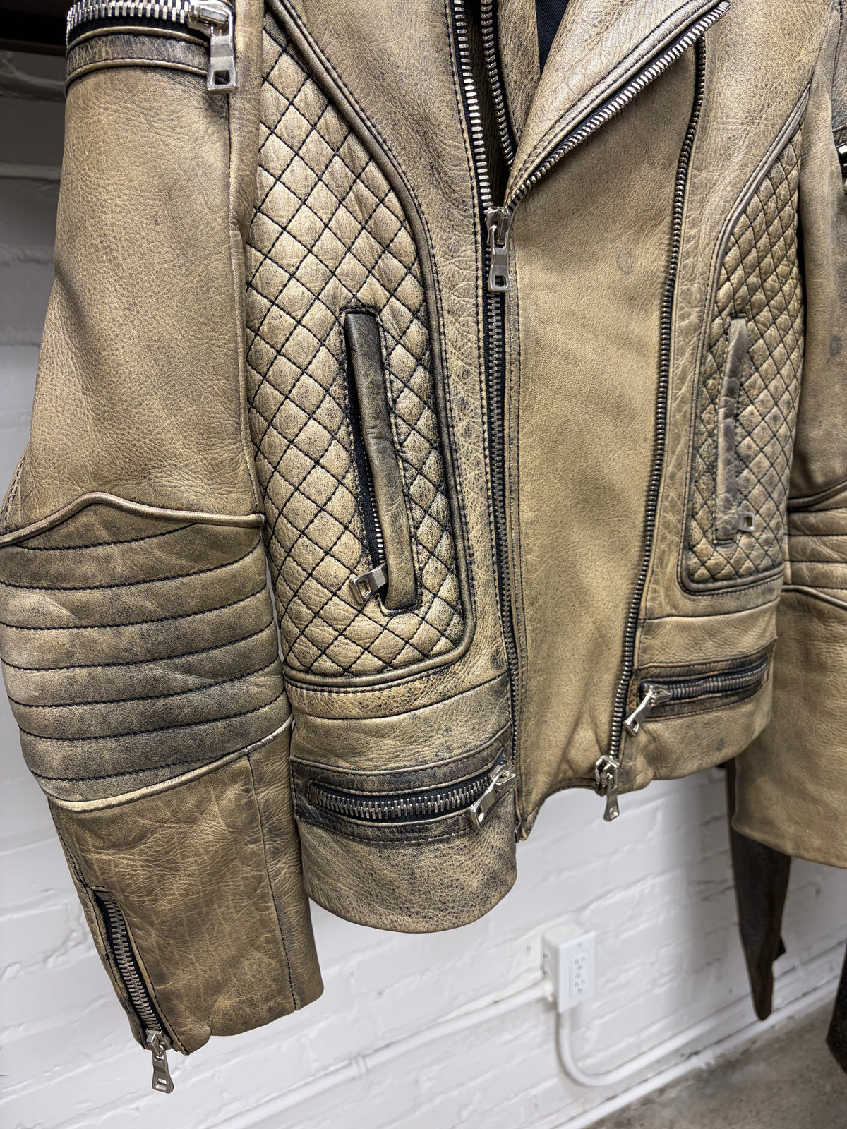 Balmain by Olivier Rousteig Brown Quilted Leather Biker Jacket