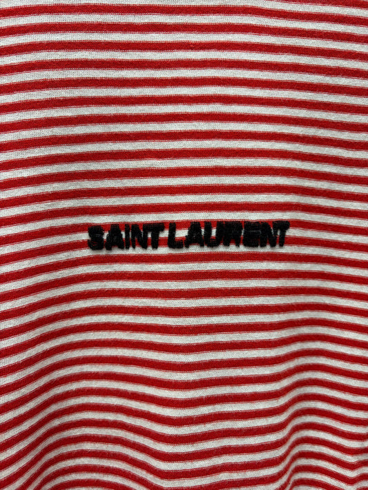 2017 Saint Laurent Red/White Striped ‘Embroidered Logo’ Short Sleeve T-Shirt