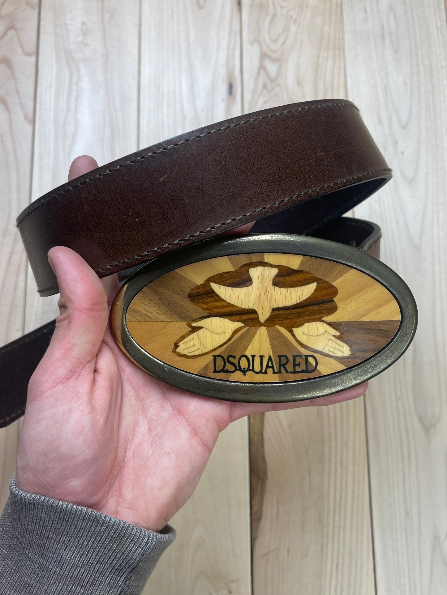 2000s Dsquared2 Wood Buckle Dove Calfskin Leather Belt