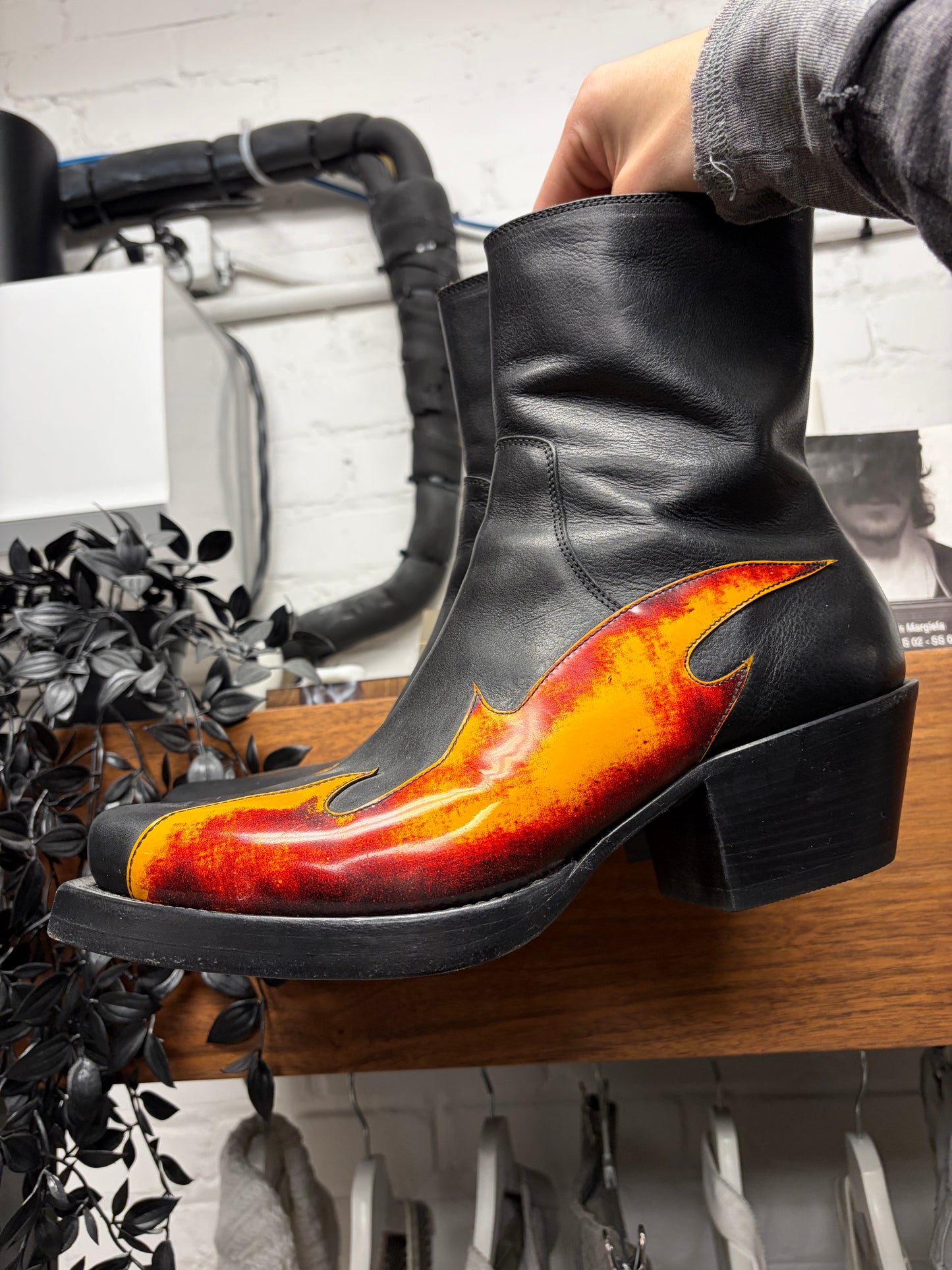 Vetements Flame Appliqué Black Leather Cuban Heel Boots