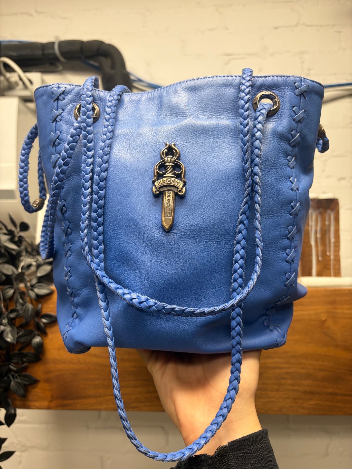Chrome Hearts ‘Dirty Knees’ Chiffon Blue Woven Leather Dagger Bucket Bag