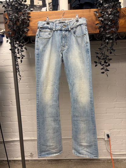2024 Balenciaga Distressed Waistband Light Wash Blue Flared Leg Denim