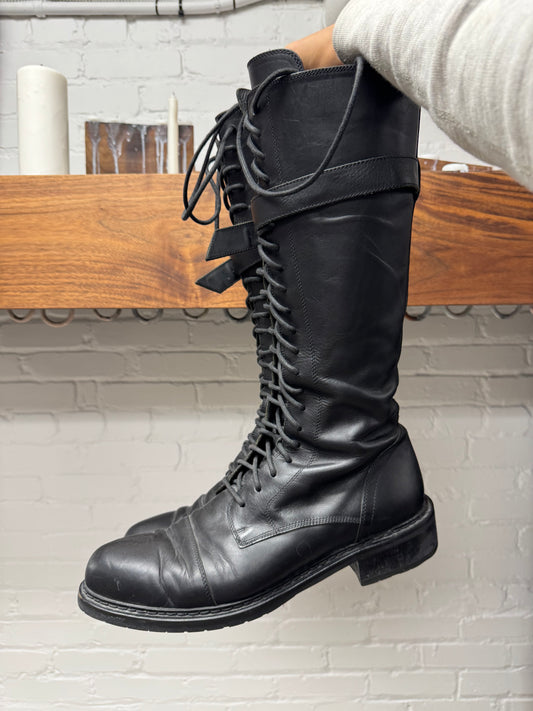 Ann Demeulemeester ‘Danny’ Knee High Calfskin Leather Combat Boots