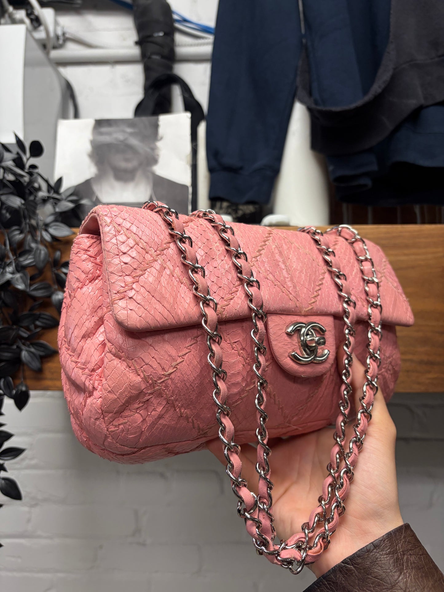 Chanel Pink Python Leather Classic ‘Flap Bag’ with Silver Hardware