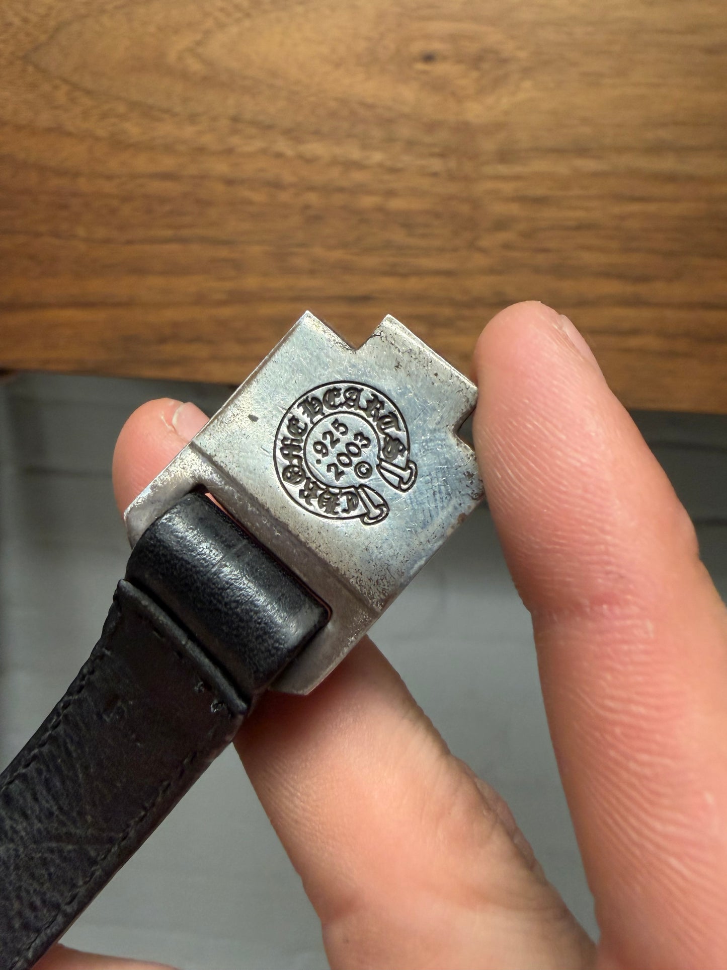 Chrome Hearts ‘Plus Cross’ 925 Silver Black Leather Bracelet