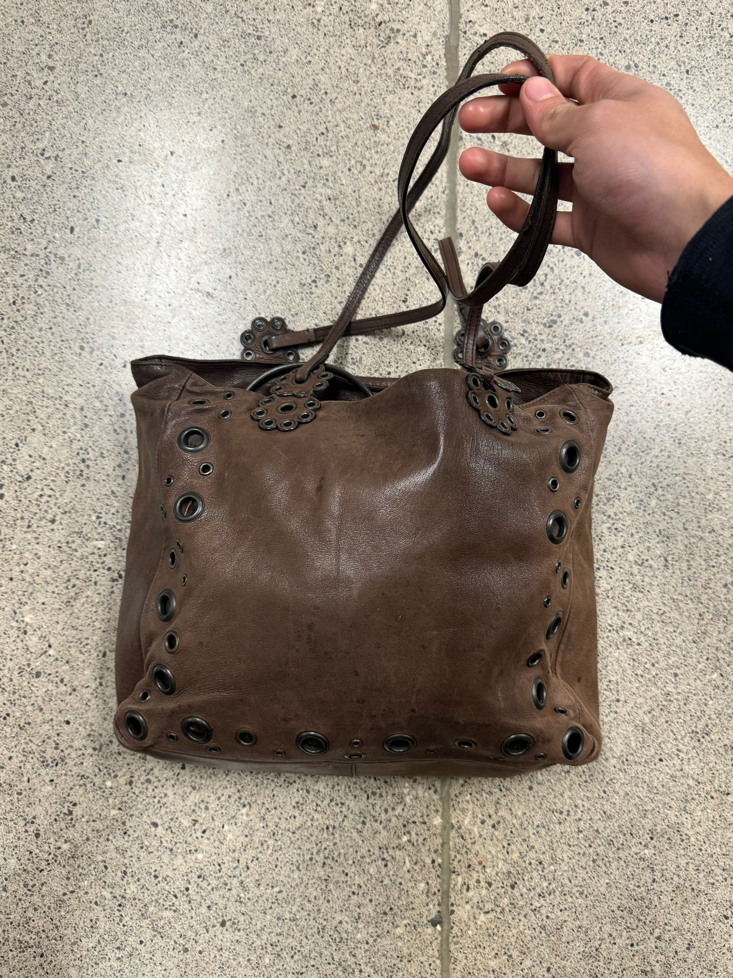 Prada Eyelet Studded Brown Leather Shoulder Bag