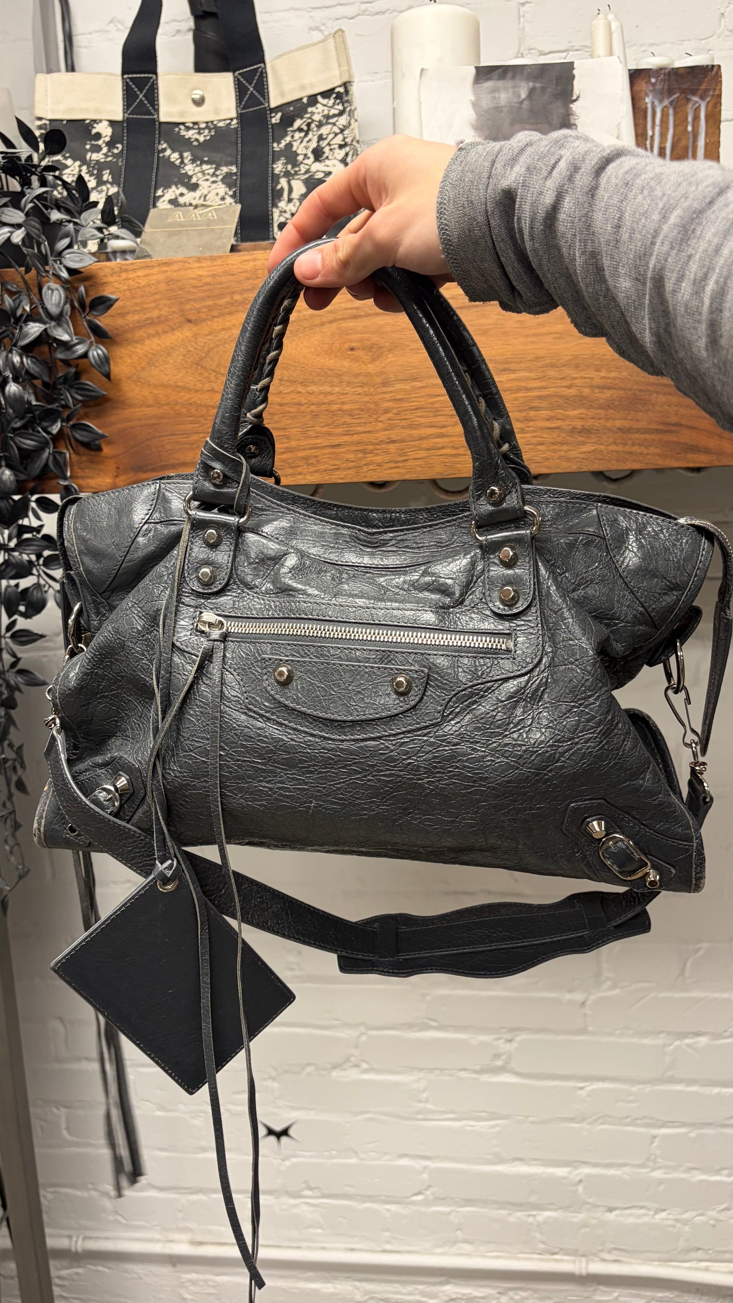 Balenciaga Grey Lambskin Leather ‘City Bag’ with Silver Hardware & Crossbody Strap