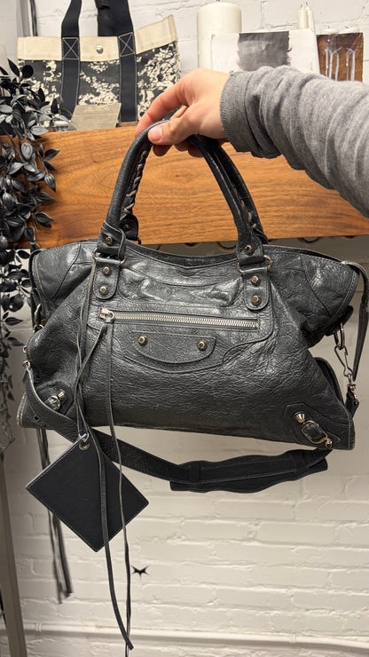 Balenciaga Grey Lambskin Leather ‘City Bag’ with Silver Hardware & Crossbody Strap