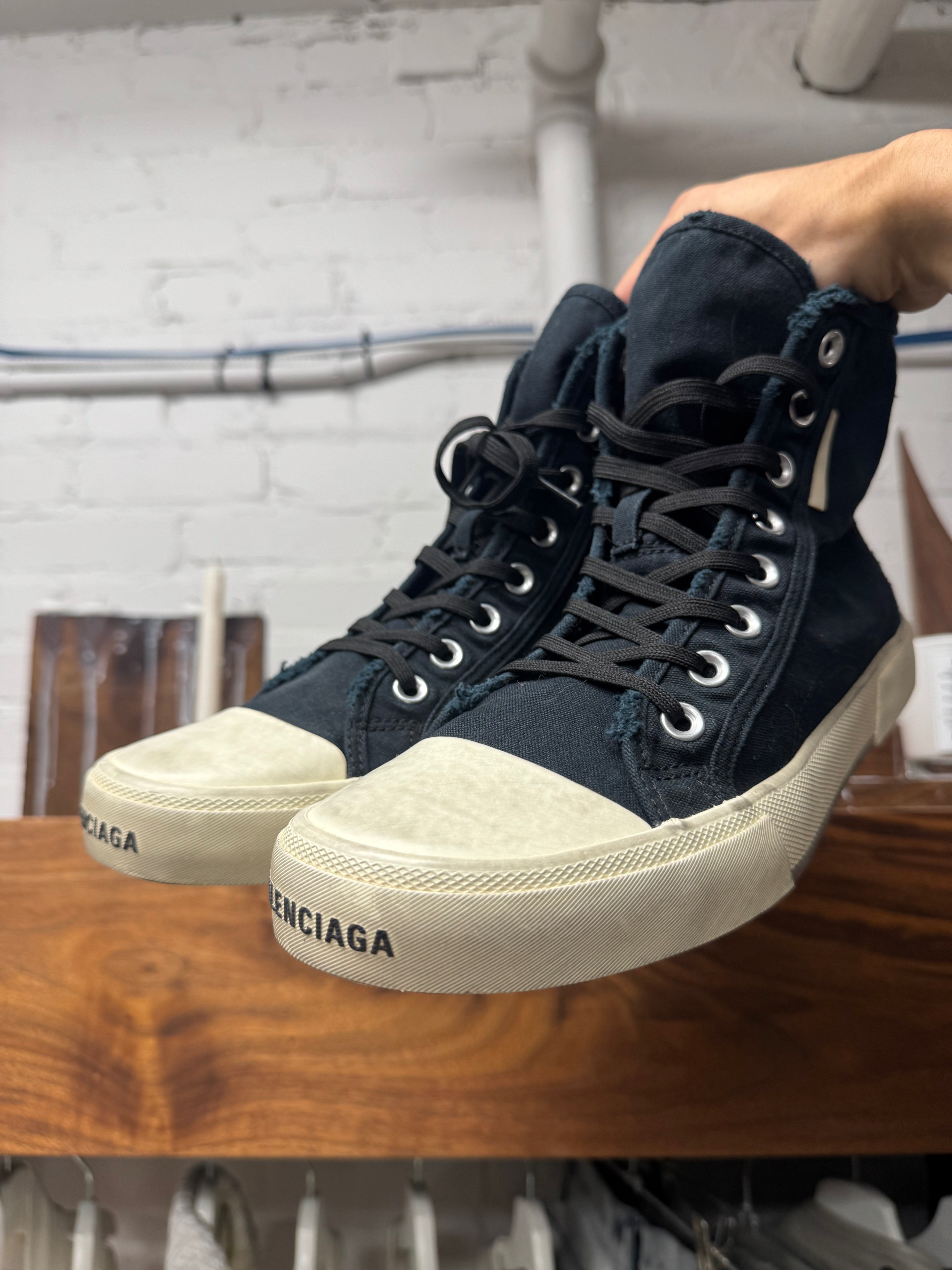 Balenciaga 'Paris' Distressed Canvas High Top Sneakers