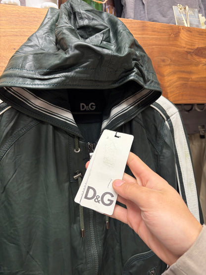 2000s Dolce & Gabbana Dark Green/White Leather Hooded Track Jacket