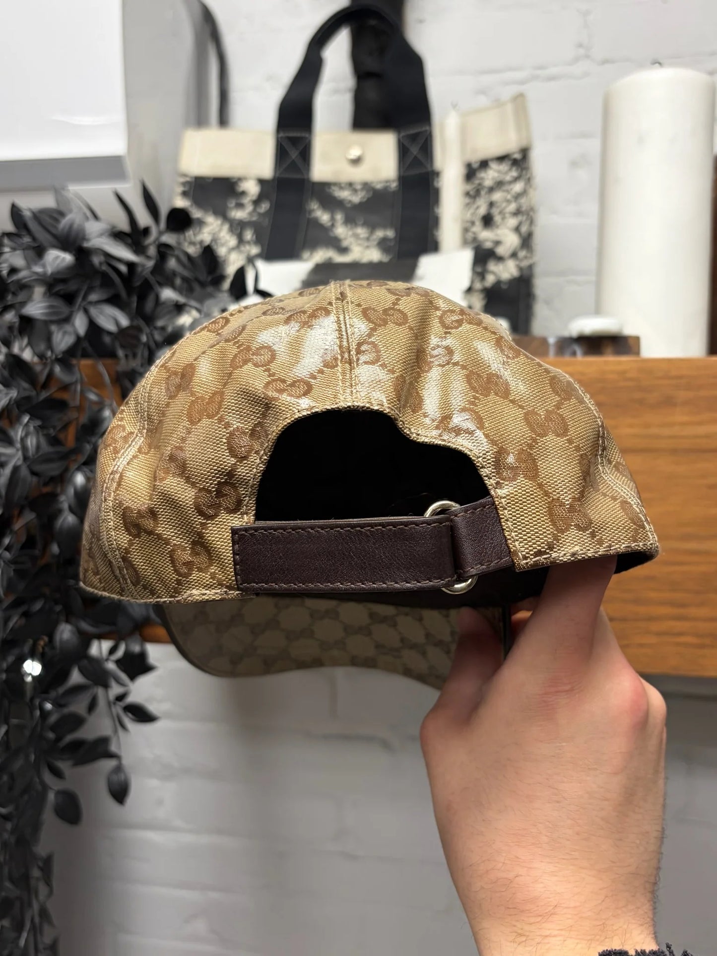 Gucci Coated Brown Canvas Leather Strap-Back Baseball Cap