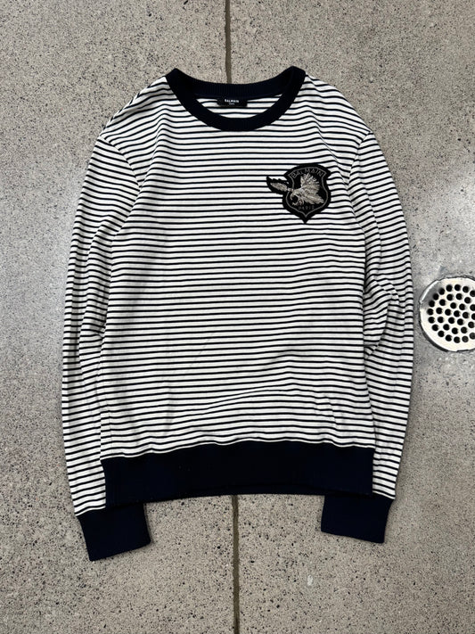 Balmain ‘Eagle’ Crest Patch Striped Black/White Knit Sweater