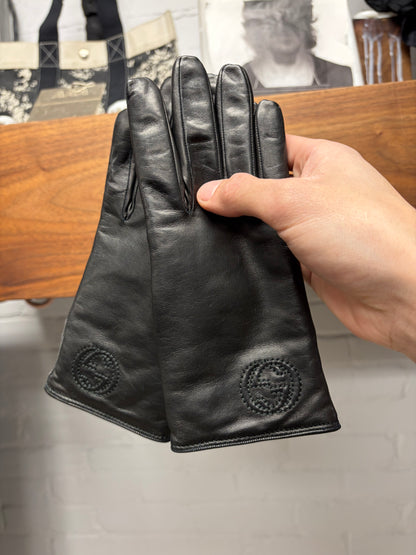 2000s Gucci Wool Lined Black Lambskin Leather Gloves