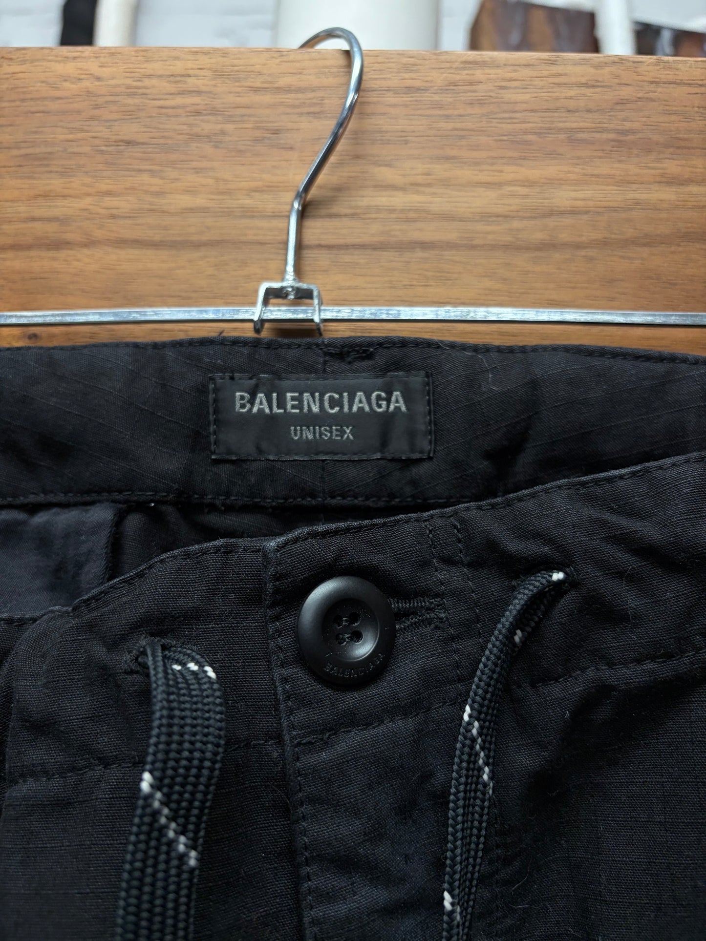 2024 Balenciaga ‘Convertible’ Faded Black Ripstop Drawstring Wide Leg Cargo Pants
