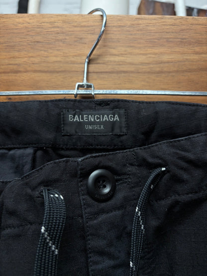 2024 Balenciaga ‘Convertible’ Faded Black Ripstop Drawstring Wide Leg Cargo Pants