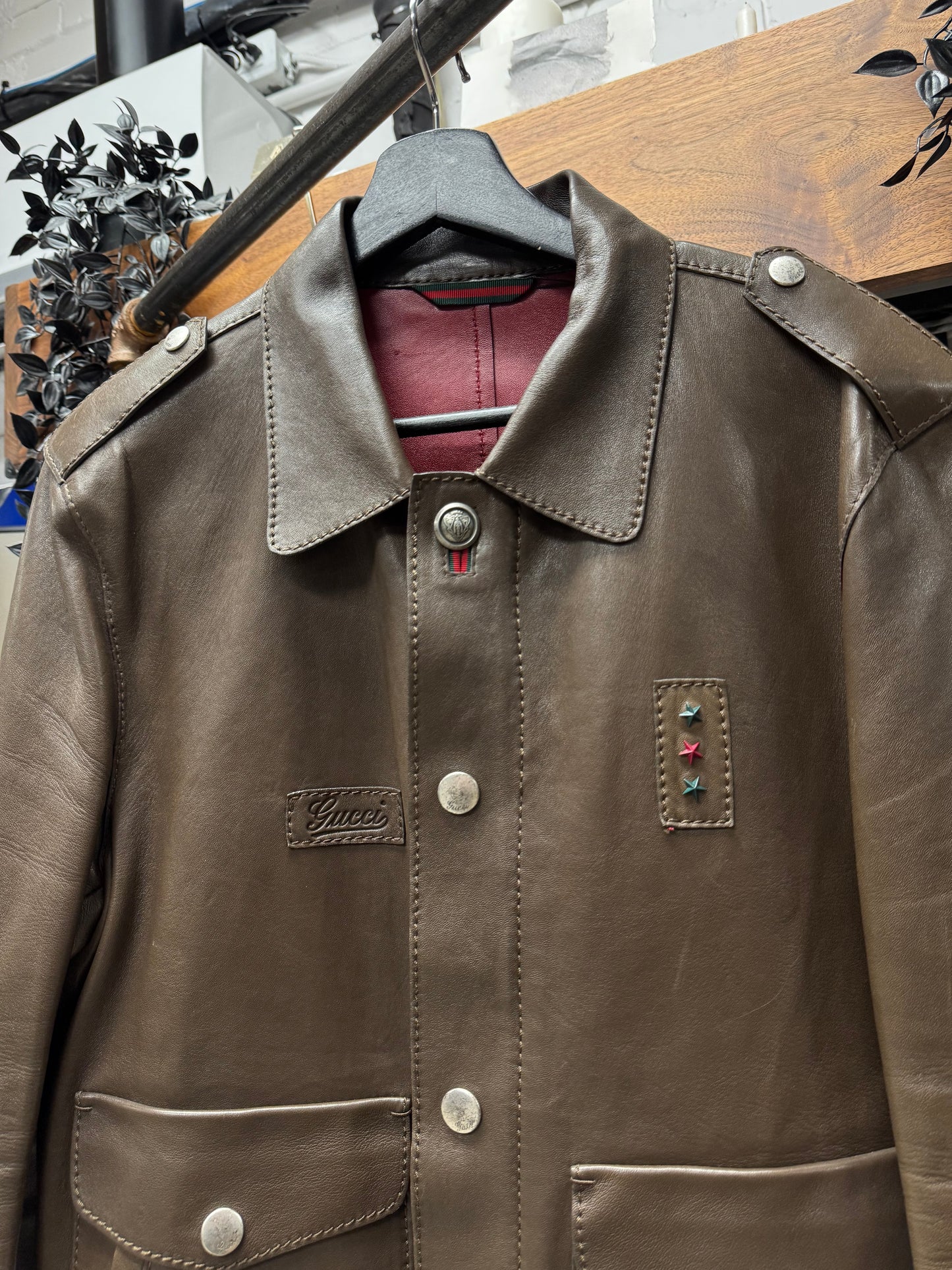 Gucci by Tom Ford Military Inspired Brown Lambskin Leather Field Jacket