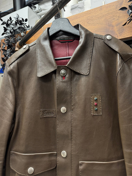Gucci by Tom Ford Military Inspired Brown Lambskin Leather Field Jacket
