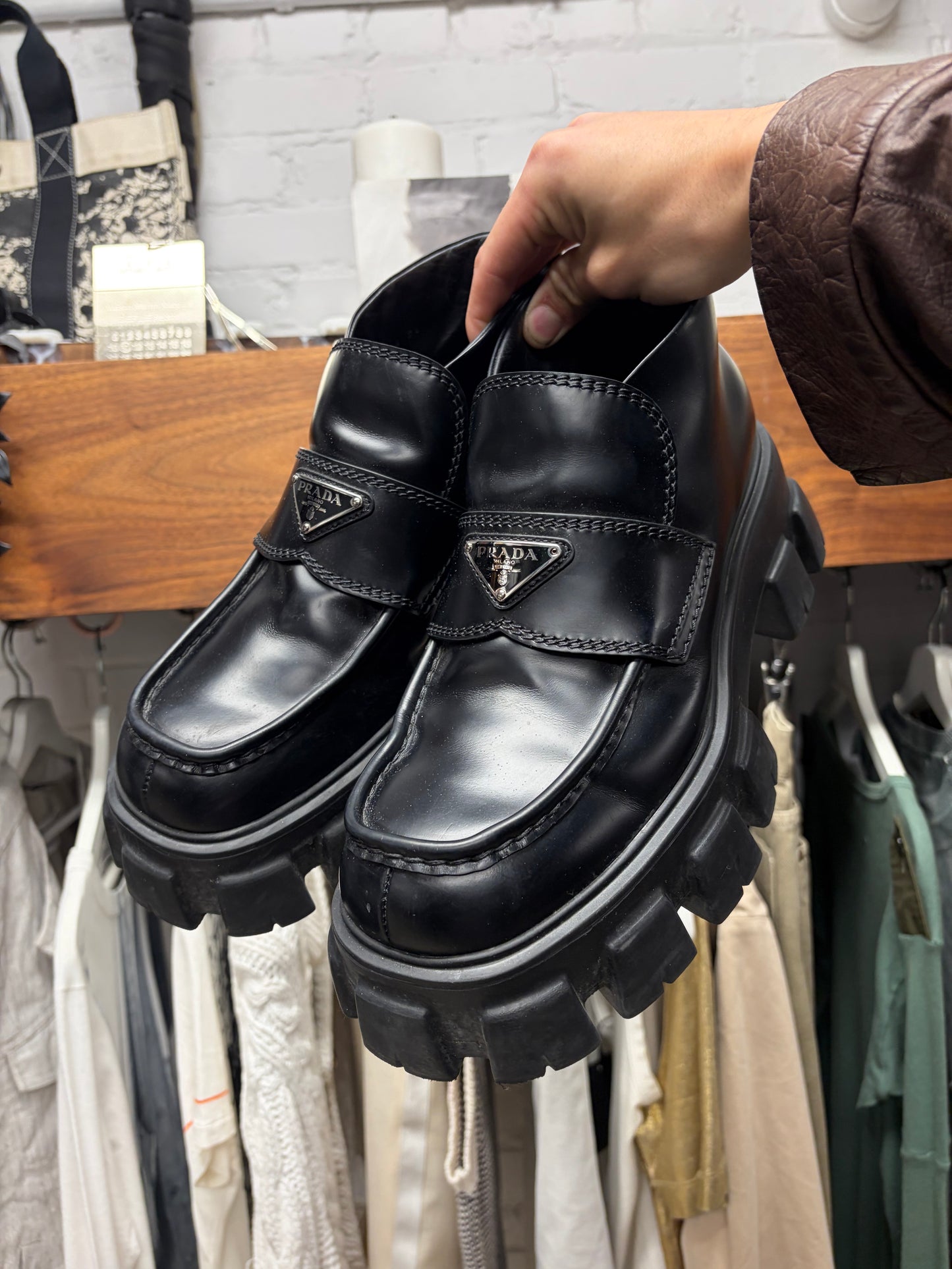 Prada ‘Monolith’ Black Leather Lug Sole Derbys