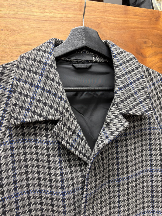 Prada Grey/Blue Houndstooth Flap Pocket Wool Collared Coat