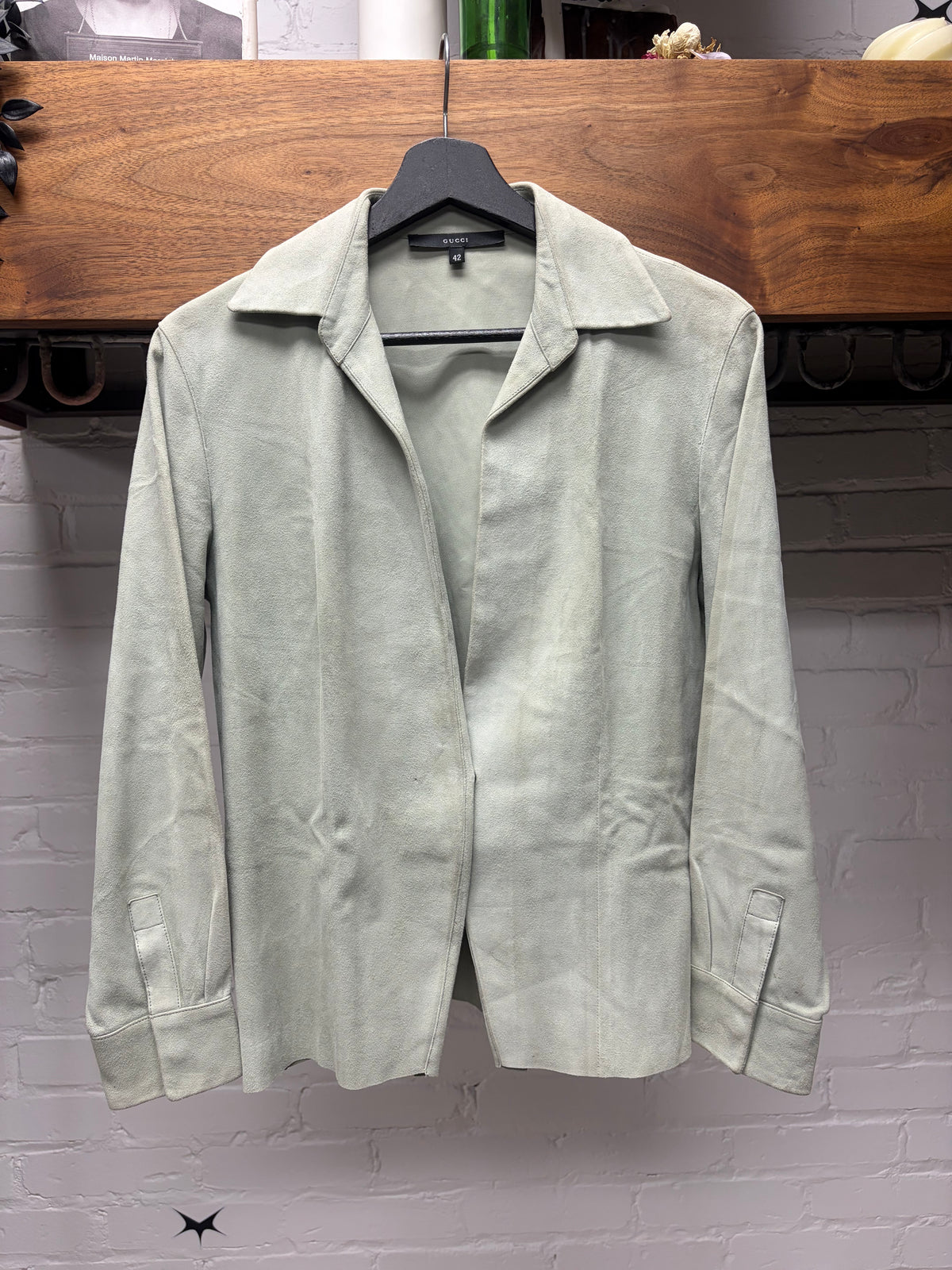 Gucci Mint Green/Tan Single Button Closure Suede Button Snap Shirt