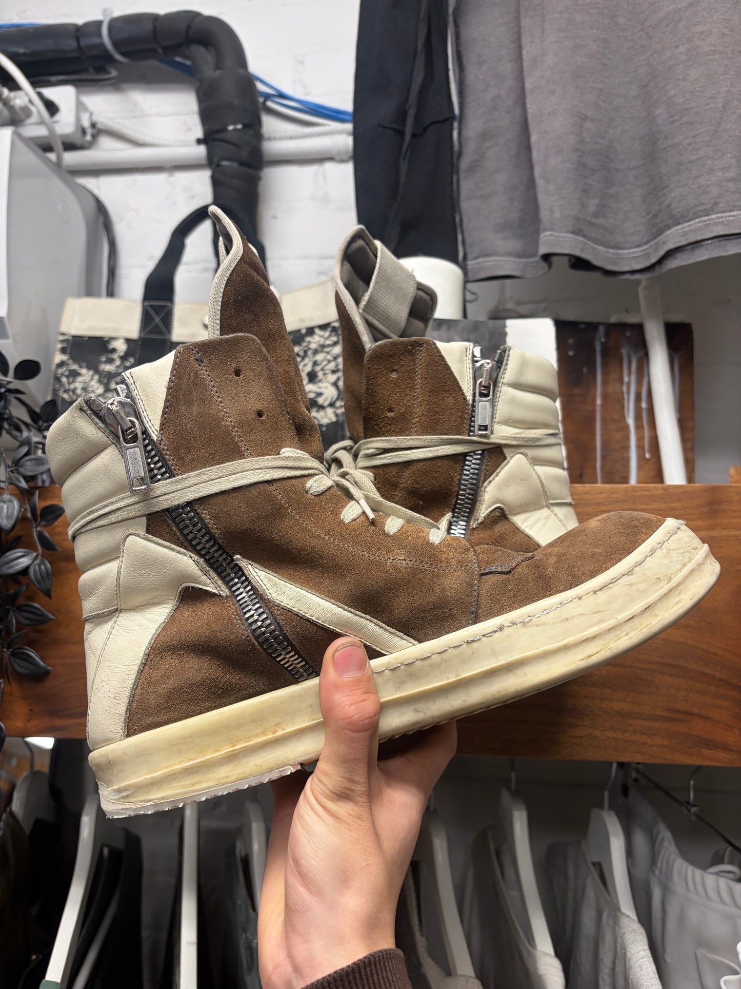 Rick Owens ‘Geobasket’ Dust Brown/Milk Suede High Top Sneakers