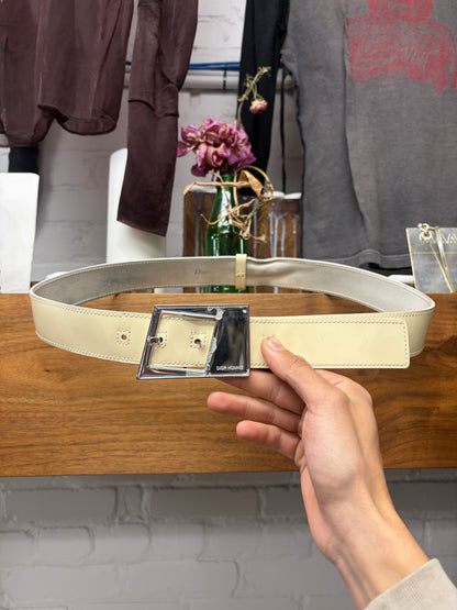 2009 Dior Homme Thin White Leather Belt with Angular Silver Buckle