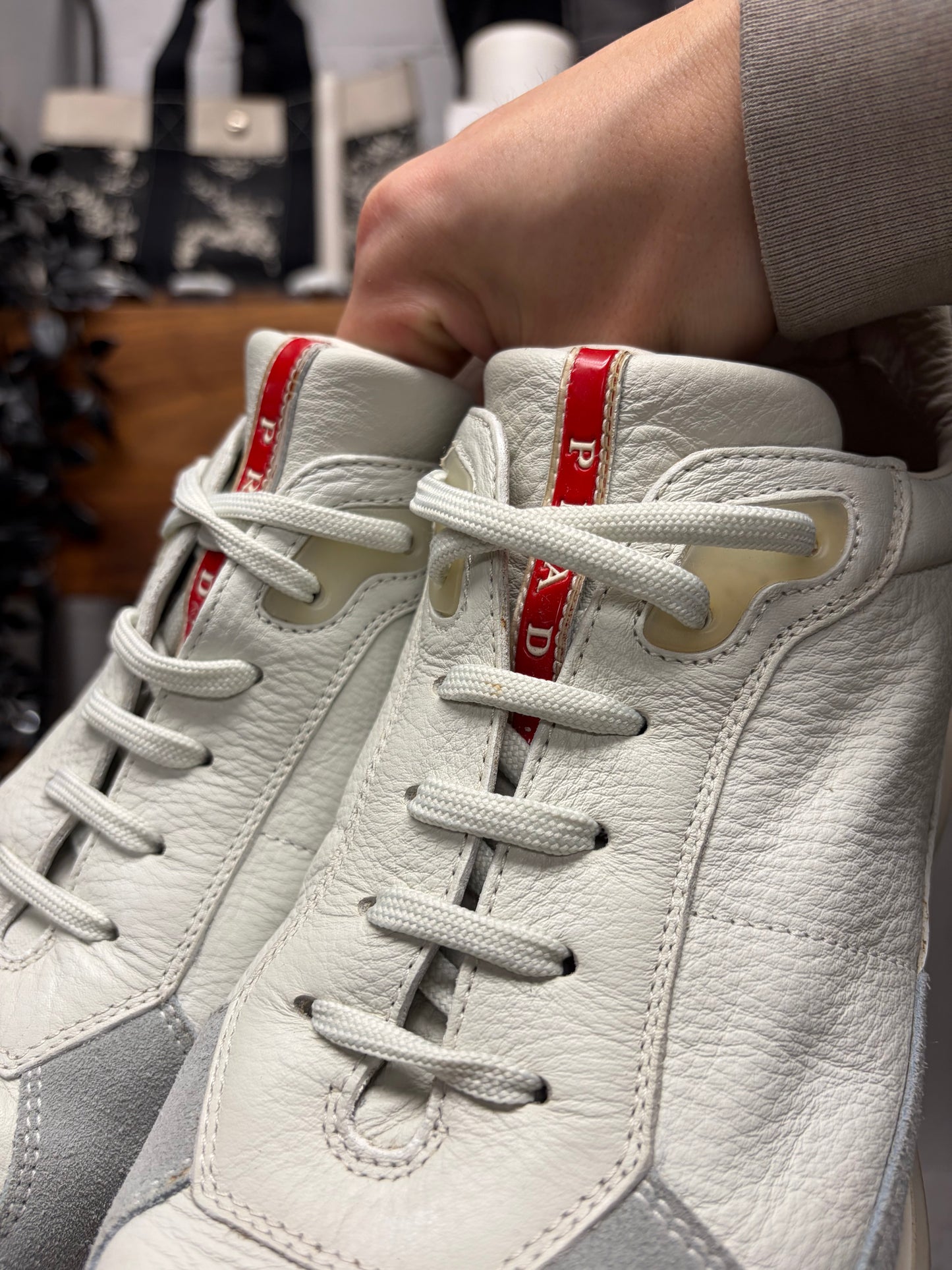 Prada ‘Americas Cup’ Geometric Sole White Low Top Sneakers
