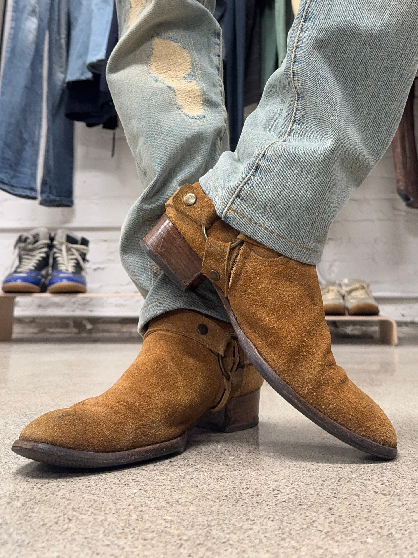 Saint Laurent ‘Wyatt’ Brown Suede Harness Boots