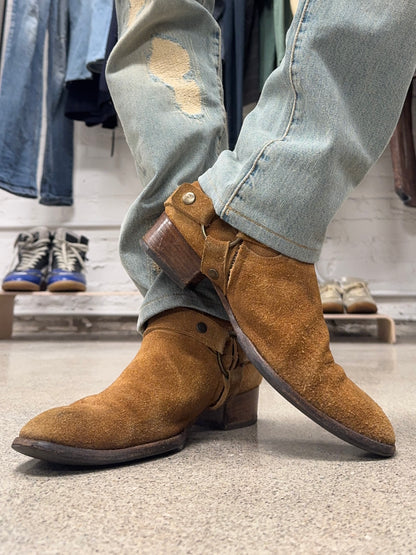 Saint Laurent ‘Wyatt’ Brown Suede Harness Boots