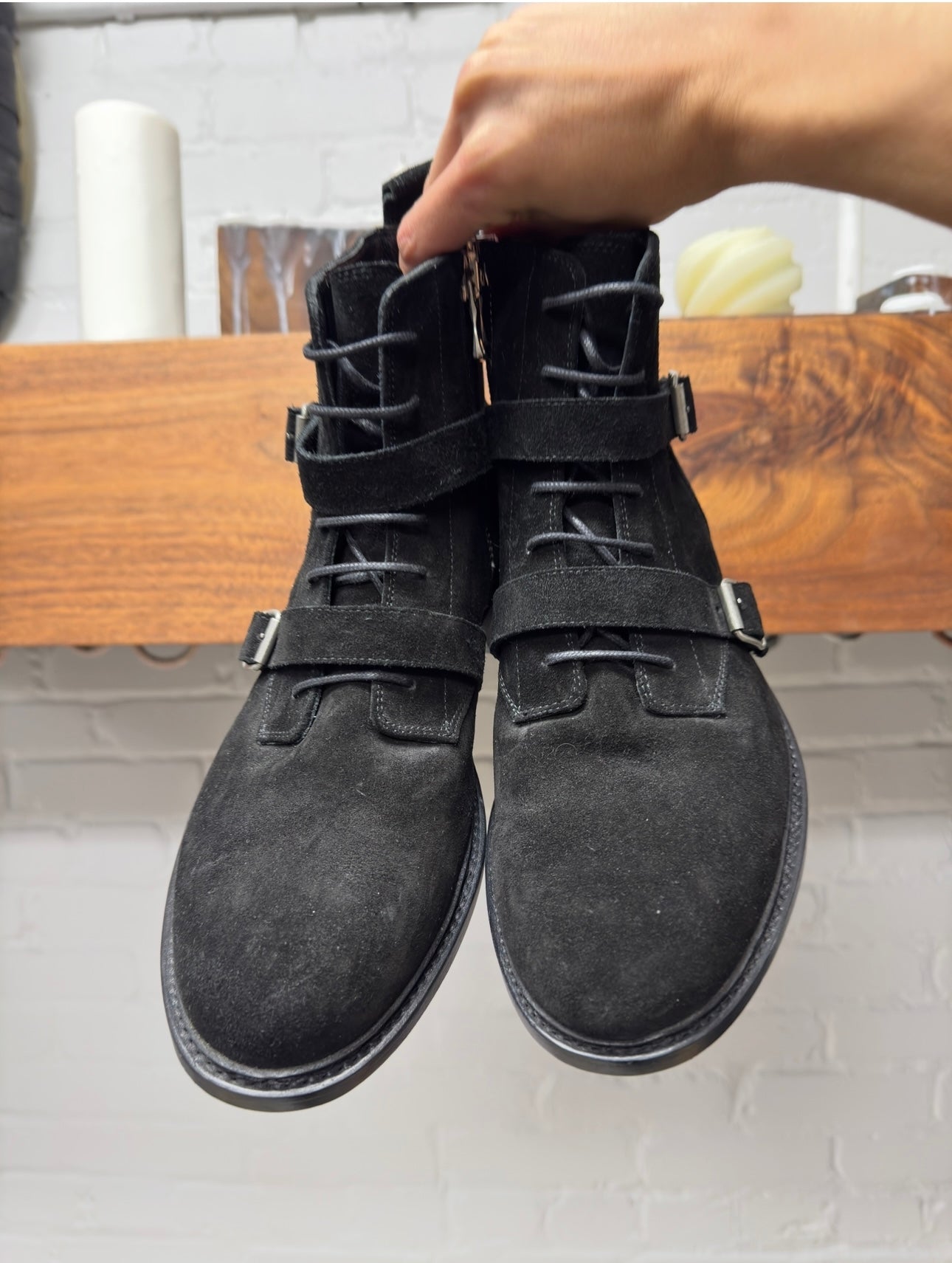 Balmain ‘Double Buckle’ Black Suede Combat Boots