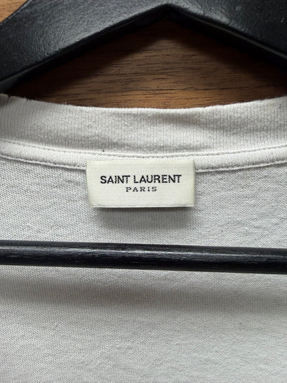 2018 Saint Laurent ‘SL Flag’ White Distressed Cotton Short Sleeve T-Shirt